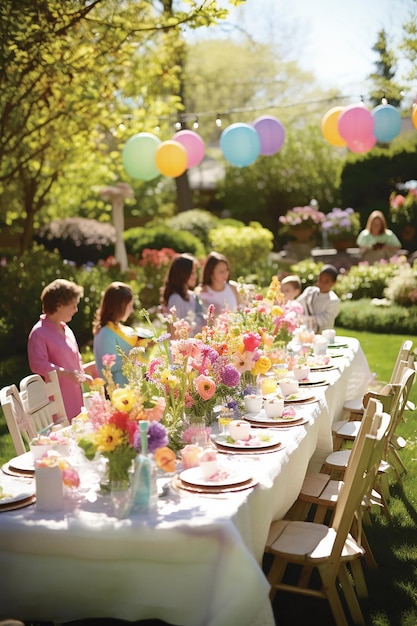 Wielkanocna scena żywy ogród wiosenny wypełniony kolorowymi kwiatami w pełnym rozkwicie