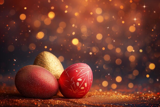 Wielkanocne czerwone i złote błyszczące jaja na abstrakcyjnym tle bokeh