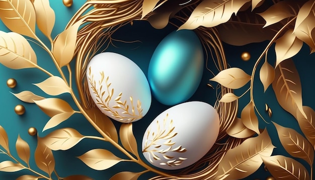 Wielkanocne jaja graficzne tło białe jajka i złote gniazdo i pozostawia pretensjonalną dekorację na lazurowej kopii przestrzeni generatywnej ilustracji ai