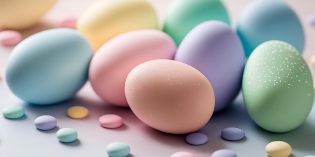 Wielkanocne tło z pastelowymi kolorami i jajkami Generative AI