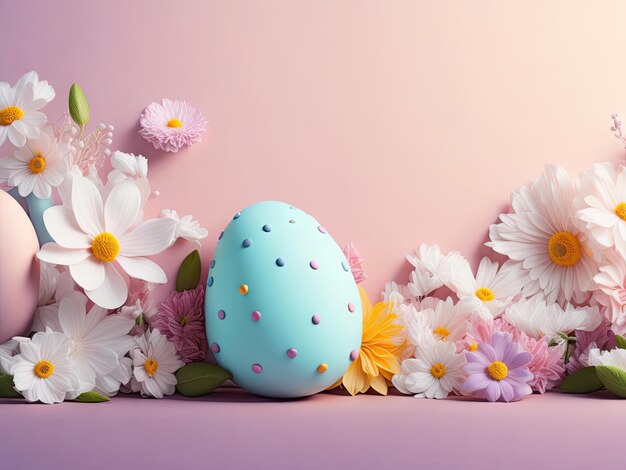 Wielkanocne tło z przestrzenią kopiowania Jajka i kwiaty ai generatywne