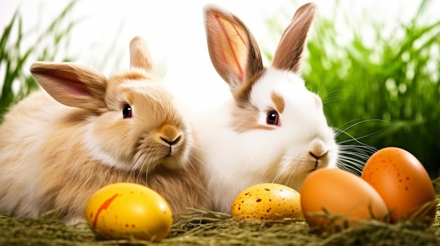 Wielkanocni jajka i króliczki w koszu
