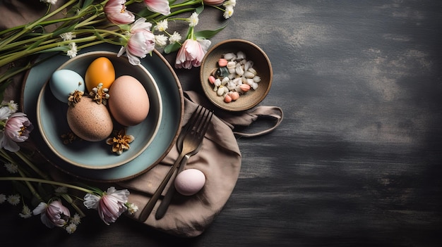 Wielkanocni jajka na talerzu z kwiatami na ciemnym tle