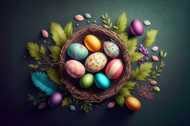 Wielkanocni jajka w gnieździe z liśćmi i kwiatami