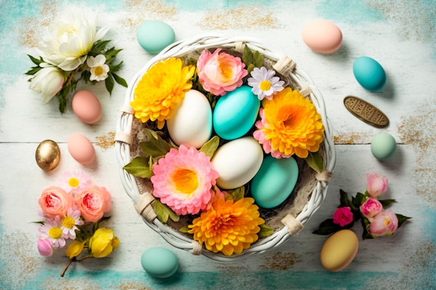 Wielkanocni jajka w koszu z kwiatami i drewnianym stołem