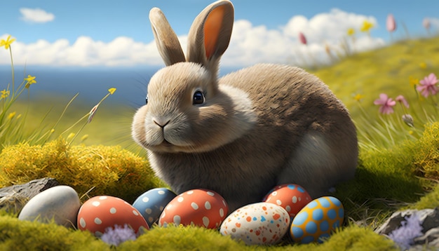 Wielkanocni jajka w polu z królikiem i niebieskim niebem