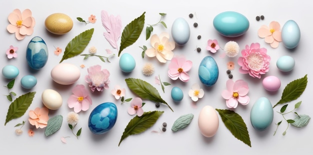 Wielkanocni jajka z cukierkami i kwiatami Szczęśliwa Wielkanocna koncepcja