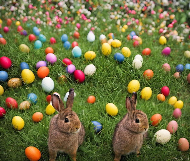 Wielkanocni króliki z koszem i kwiatami na trawy zbliżeniu