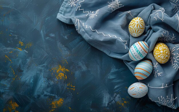 Wielkanocny baner z pomalowanymi jajkami i serwetką na ciemno niebieskim tle