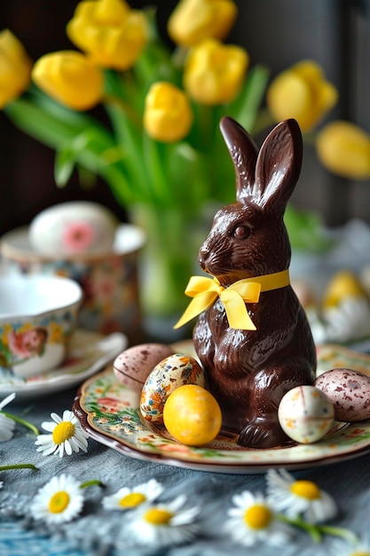 Wielkanocny czekoladowy królik i jajka na stole Selektywne skupienie