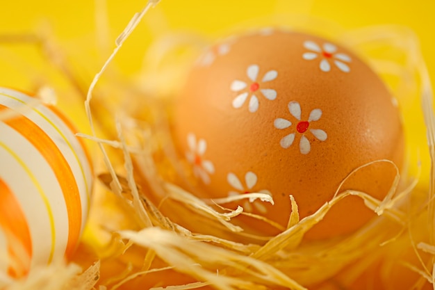 Wielkanocny jajko w słomie na żółtej powierzchni