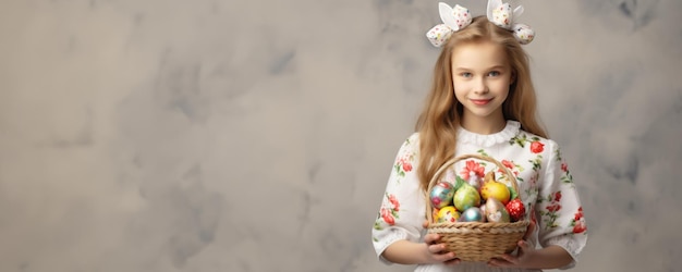 Wielkanocny kosz z kwiatami i świeżo pomalowanymi jajkami