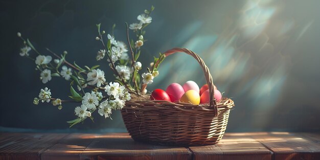 Wielkanocny koszyk z włosem z uchwytem pełnym pięknych pomalowanych jaj