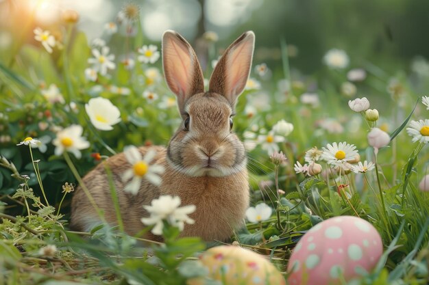 Wielkanocny królik na łące szczęśliwy Wielkanocy z jajkami i kopiowania przestrzeni Generative Ai