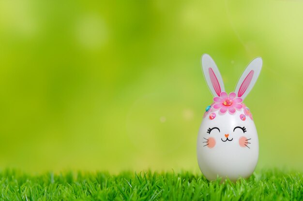 Wielkanocny królik na trawie szczęśliwa kompozycja wielkanocna z miejscem dla tekstu jajko ozdobione
