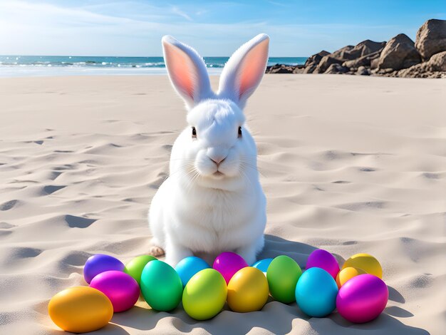 Wielkanocny królik otoczony kolorowymi jajkami Doskonały do świętowania świątGenerative Ai