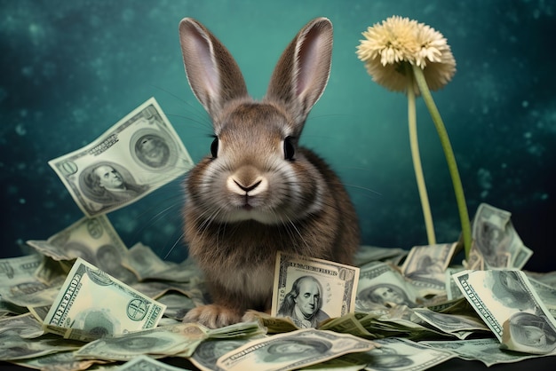 Wielkanocny królik siedzi na banknotach dolarowych.