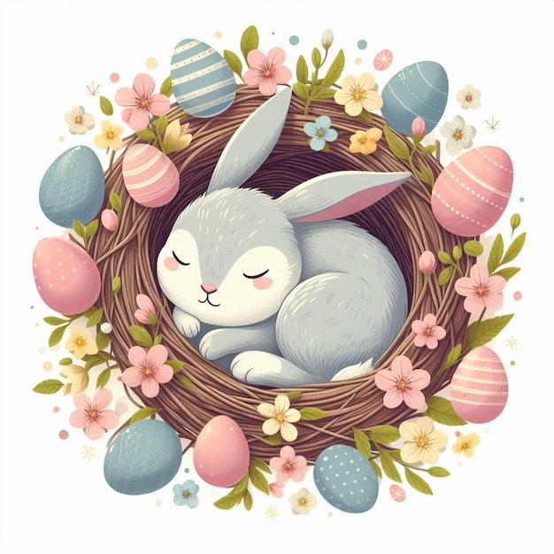 Zdjęcie wielkanocny królik umieszczony w przytulnym gnieździe otoczonym pastelowymi jajkami i delikatnymi wiosennymi kwiatami