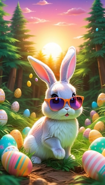 Wielkanocny królik w okularach przeciwsłonecznych, kwiaty i kolorowe jaja. Szczęśliwy koncept Wielkanocy.