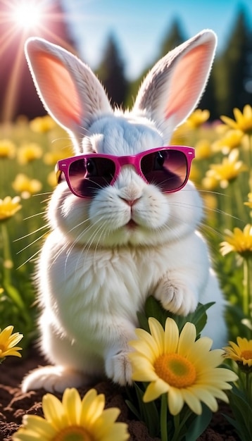 Wielkanocny królik w okularach przeciwsłonecznych, kwiaty i kolorowe jaja. Szczęśliwy koncept Wielkanocy.