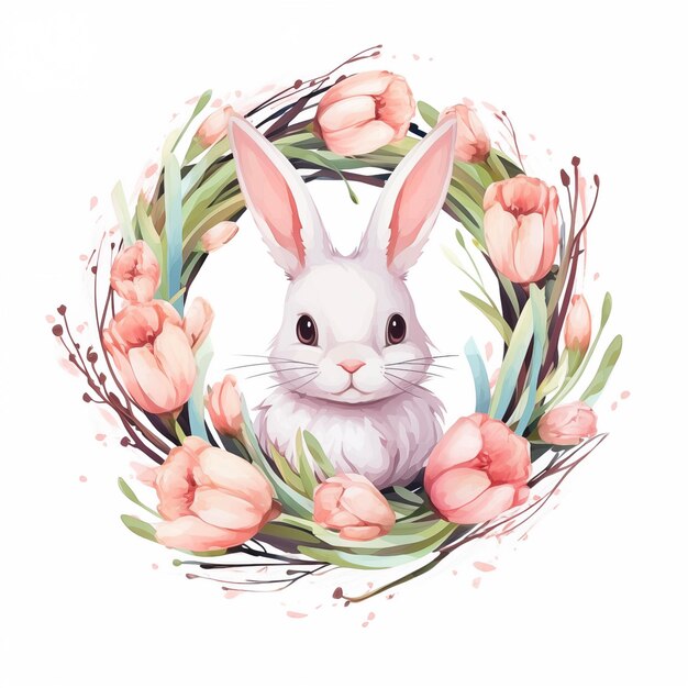 Wielkanocny królik w wieńcu kwiatów