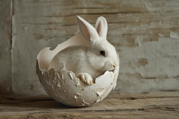 Zdjęcie wielkanocny królik w złamanej skorupce jajka