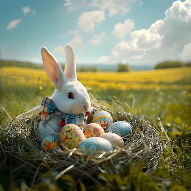 Wielkanocny królik z jajkami w gnieździe