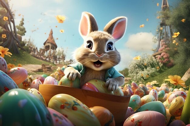 Wielkanocny królik z kolorowymi jajkami na łące 3d rendering