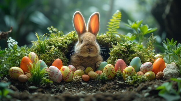 Zdjęcie wielkanocny królik z kolorowymi jajkami w magicznym lesie uroczystość wiosenna doskonała do dekoracji świątecznej
