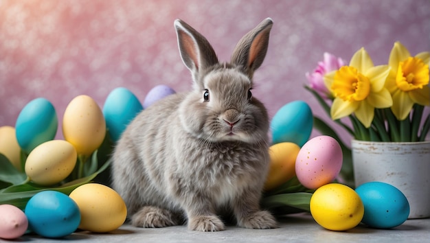 Wielkanocny królik z kwiatami i jajkami wielkanocnymi w promieniach wiosennego słońca wygenerowanego przez sztuczną inteligencję