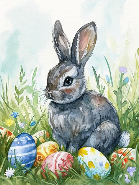 Wielkanocny królik z malowanymi jajkami na zielonej trawie Ilustracja akwarelowa