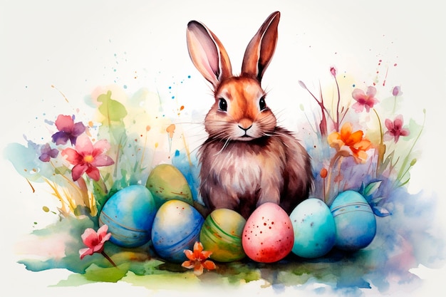 Wielkanocny królik z ozdobionymi jajkami w kwiatach ilustracja akwarelowa