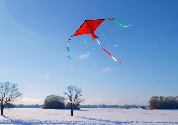 Zdjęcie wielkanocny latawiec latający na czyste zimowe niebo nad śnieżnym polem