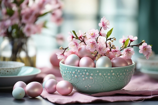 Wielkanocny różowy dekor z pomalowanymi różowymi jajkami i różowymi kwiatami