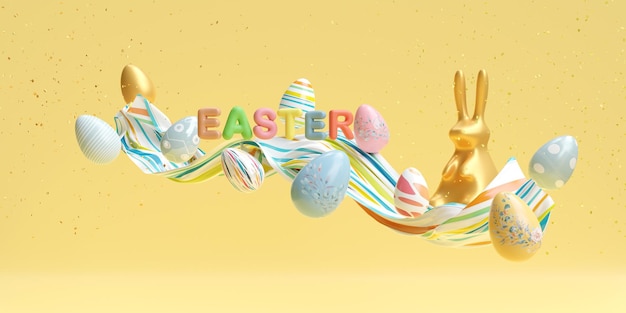 Wielkanocny sztandar piękni malujący jajka i złoty królik 3d ilustracja