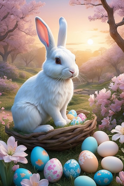 Wielkanocny urok spokojny wschód słońca zabawne króliki i pastelowe kwiaty uchwycające rodzinną tradycję sztuczna inteligencja generatywna