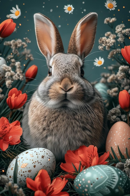 Wielkanocny urok spokojny wschód słońca zabawny królik lub skomplikowana martwa natura ozdobiona pastelowymi kwiatami i jajami uchwyca istotę tradycji rodzinnej i źródła piękna generatywna sztuczna inteligencja