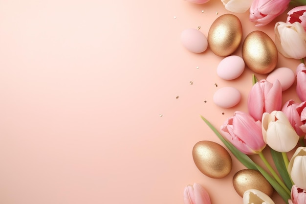 Wielkanocny wzór pastelowych kolorowych jaj i wiosennych tulipanów Religijna tradycja Generatywna sztuczna inteligencja