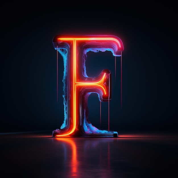 Zdjęcie wielki alfabet f tekst futuristyczny neon świecący symbol logo na ciemnym grunge tle