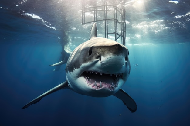 Wielki biały rekin z bliska Błękitny ocean Predator poluje w pobliżu powierzchni wody Fotografia podwodna