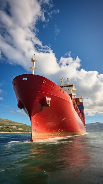 Wielki czerwony statek towarowy pływa w oceanie.