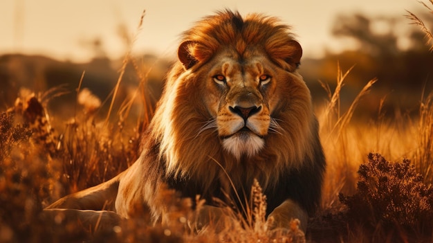 Wielki, dobrze nakarmiany lew cieszy się życiem i leży w żółtej trawie.