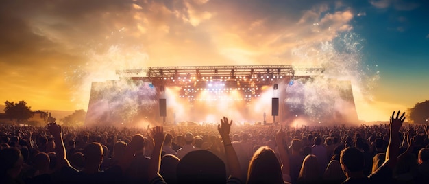 Wielki festiwal muzyczny na świeżym powietrzu z wiwatującym tłumem Scena z reflektorem kolorowy konfet