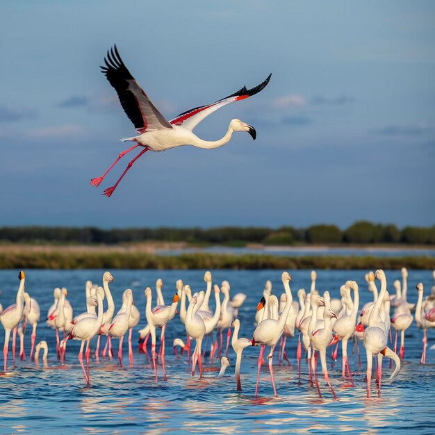 Wielki flamingo phoenicopterus roseus latający na niebie w Camargue we Francji