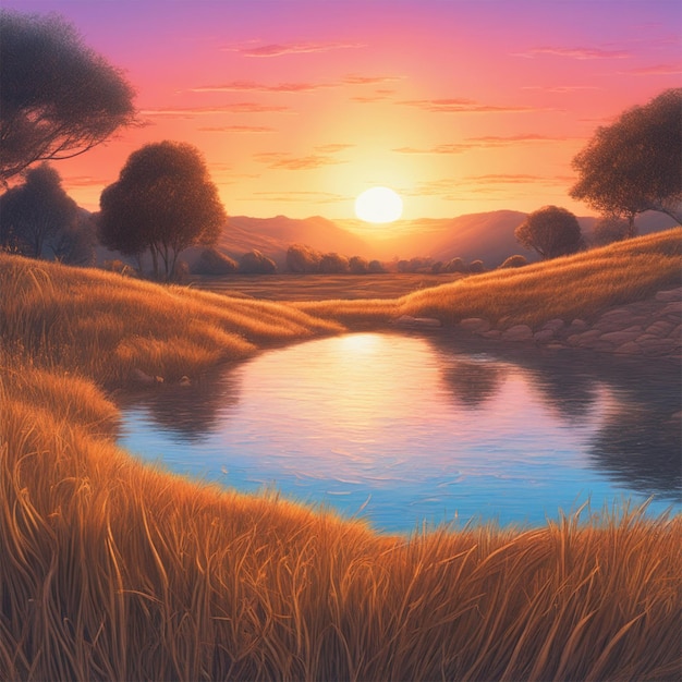 Wielki krajobraz Natura przy zachodzie słońca Duchowa surrealistyczna sztuka bardzo szczegółowa gładka bardzo ostra