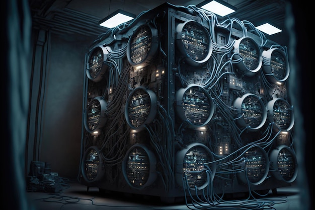 Wielki kwantowy mega komputer Centrum komputerowe fantasy cyberpunk Przewody z ilustracji 3d serwera komputerowego
