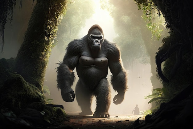 Wielki małpi goryl king kong spaceruje po dżungli Generative AI