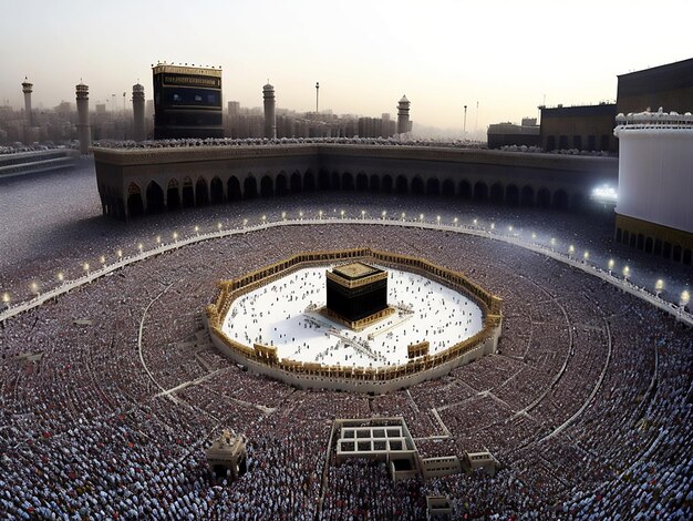 Zdjęcie wielki meczet w mekce z kaaba i pielgrzymami muzułmanami