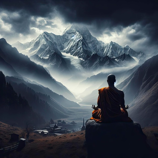Zdjęcie wielki mnich buddy medytujący przed wielką ciemną masywną górą kailash himalaje motywacja jogina