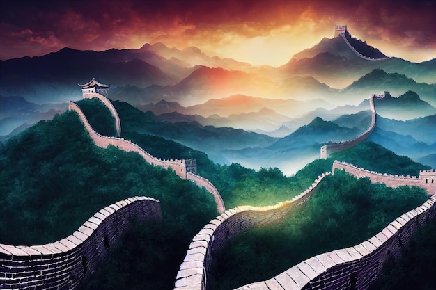 Wielki Mur Chiński Chiny cyfrowy styl malowania horyzontalny widok z boku na panoramę